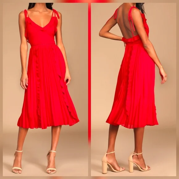 Lulus Never a Dull Moment Bright Red Tie-Strap Pleated Midi Dress, Size XL - Picture 1 of 11